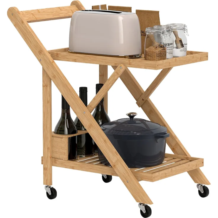 Küchenwagen auf Rädern, Servierwagen mit 3 Weinregalen, 2 Tabletts, für Küche, Esszimmer, Bambusholz, Hellbraun--Naturholz--70x40x66cm--YOUDENOVA
