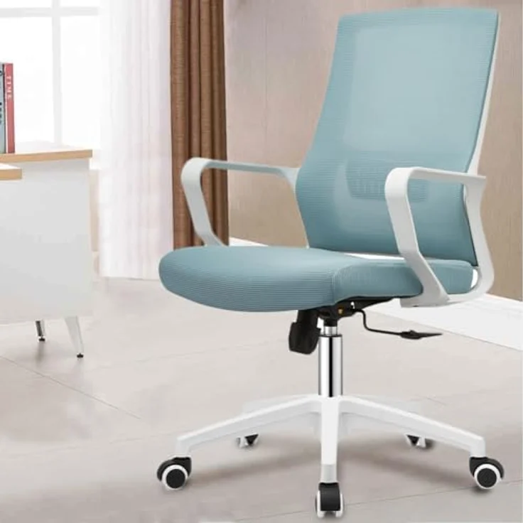 Shally Dogan Ergonomischer Drehstuhl mit Lendenwirbelstütze, Schreibtischstuhl, Arbeitszimmerstuhl, höhenverstellbar, stabile weiße Basis, schweißfeste Rückenlehne (blau) – Bild 5