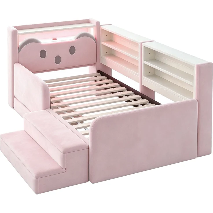 ZUBALIYA Polsterbett, mit Schubladen, mit Stauraum, mit LED-Beleuchtung, mit USB-Anschluss, inklusive Lattenrost, Liegefläche 90 × 200 cm, H 85 × T 218 × B 108.5 cm, Rosa, Samt – Bild 15