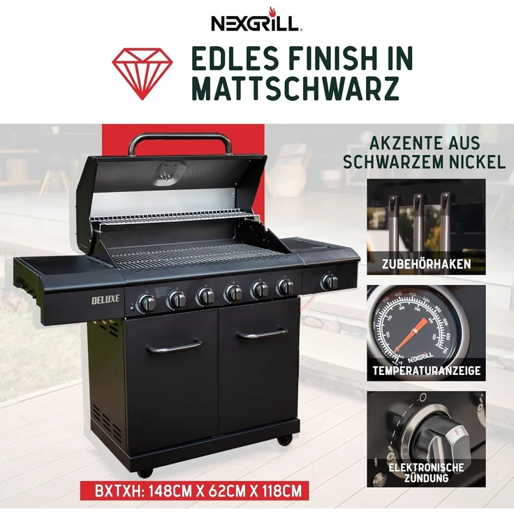 Nexgrill Gasgrill "Deluxe" mit Seitenkochfeld, schwarz,6+1 Brenner – Bild 3