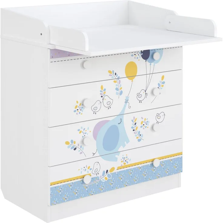 Shefa Kids Wickelkommode Elefant mit Ballon – 4 Schubladen, mit klappbarem Tisch & Kommode Kinderzimmer, Babyzimmer, ergonomische Wickelstation