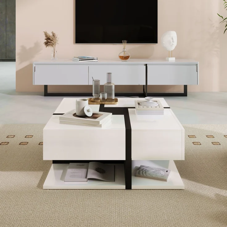 Quadratischer Couchtisch Hochglanz Weiß Schwarz mit 4 Schubladen Wohnzimmer Tisch Ablage Modern Design – Bild 7