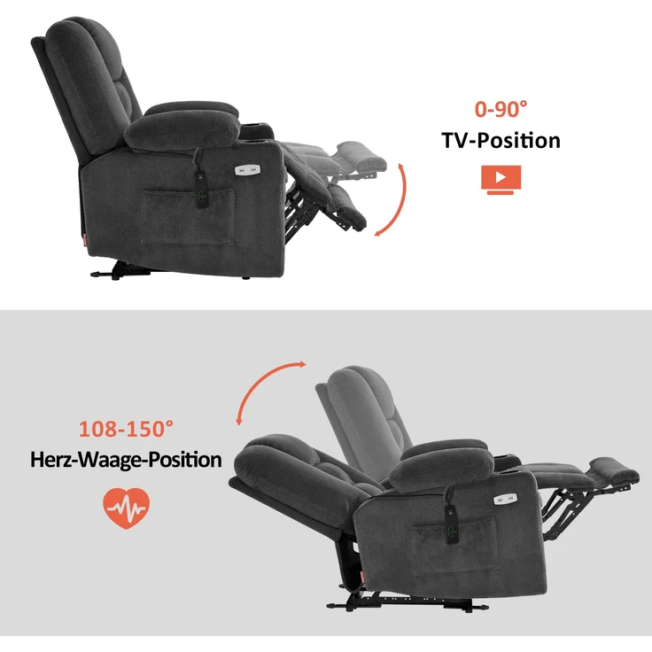 MCombo Relaxsessel mit Liegefunktion, Massage & Wärmefunktion, USB & Getränkehalter, Stoff Dunkelgrau, 94 x 90 x 105 cm – Bild 4
