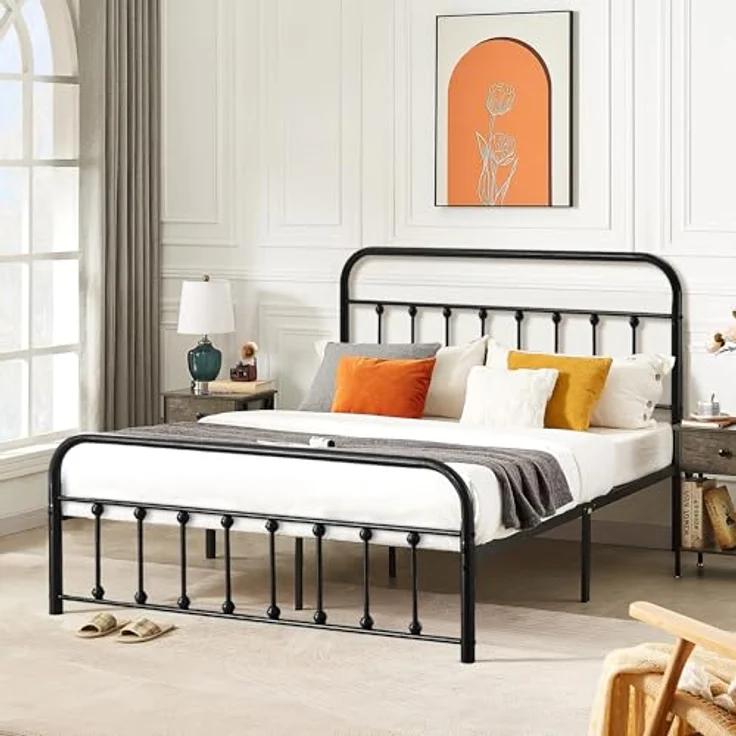 Metallbett 140x200 cm Bettrahmen mit Hohem Kopfteil, Stabiles Bettgestell Doppelbett aus Metall mit Lattenrost, Metall Gästebett Jugendbett, Viel Stauraum unter dem Bett, Schwarz – Bild 8