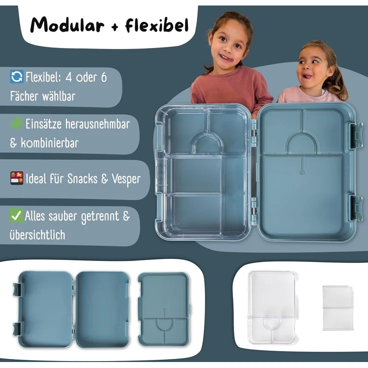 BEARFOOT Lunchbox Brotdose Kinder mit Fächern, Lunchbox, Bento box - Blau, handgezeichnete Designs, modular – Bild 5