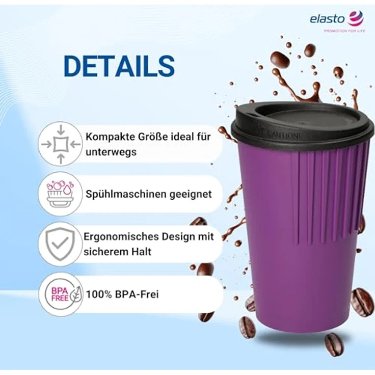 elasto Coffee-to-go-Becher Kaffeebecher 300 ml Trinkbecher mit Deckel und Riffel-Optik, Made in Germany, BPA-frei, 100% recyclebar, Heißgetränke, Teebecher – Bild 2