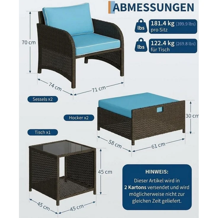 GarveeMore Gartenlounge-Set Terrassenmöbel mit Tisch,5 teilig Rattan Balkonmöbel Kleiner Balkon, Gartenmöbel Set Balkonset 2 Rattansessel mit Hocker,Outdoor Sitzgruppe – Bild 2