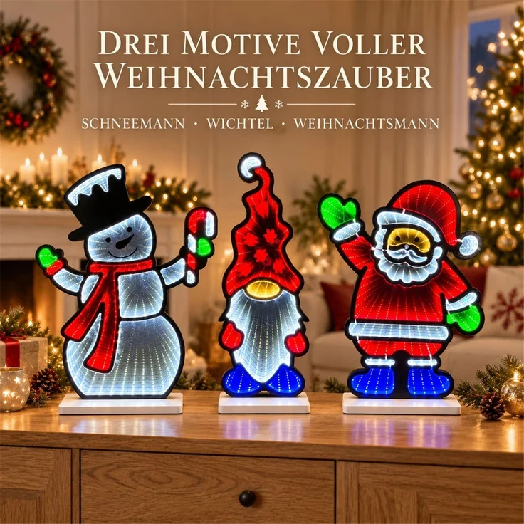 LED Infinity Spiegel 3er-Set Weihnachtsmann, Schneemann, Wichtel mit Timer – Bild 2