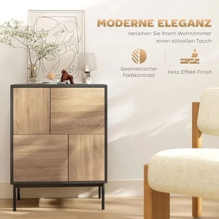 HOMCOM Sideboard mit Push-to-Open-Türen, Metallbeine (Kommode, 1 St, Aufbewahrungsschrank), für Küche, Esszimmer, Wohnzimmer, Schwarz+Naturholz – Bild 5