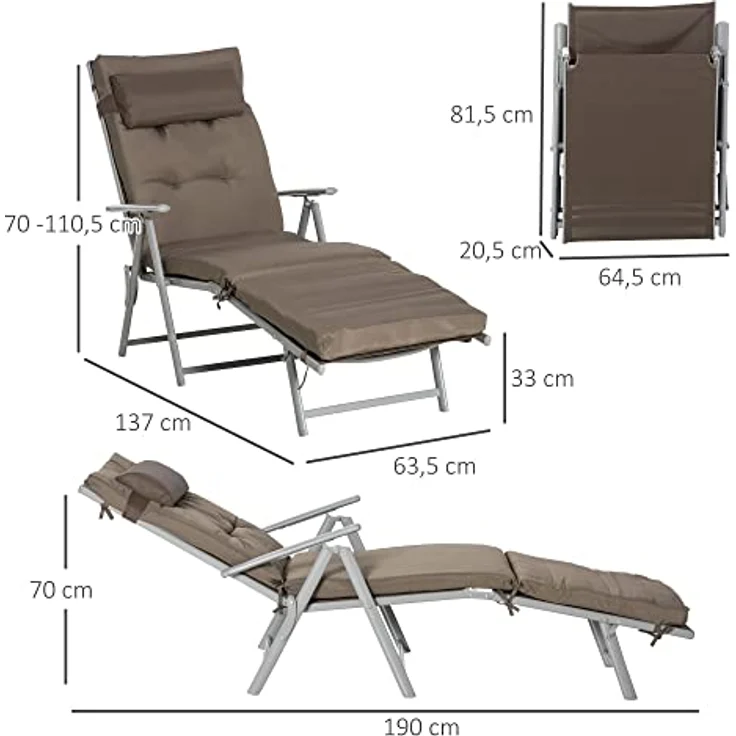 Outsunny Sonnenliege Gartenliege klappbar verstellbar mit Kissen, Metall/Texteline, Braun+Silber, bis 165 kg belastbar, 137 x 63,5 x 100,5 cm – Bild 3