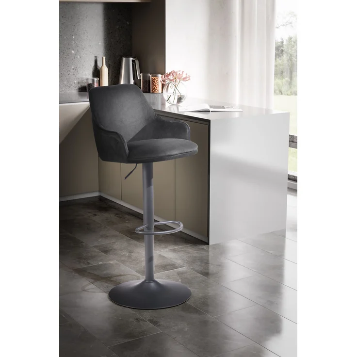 FineBuy Barhocker Samt Hocker mit Lehne 86 - 106 cm, Küchenhocker Höhenverstellbar Modern 100 kg, Barstuhl Tresenhocker mit Metall-Trompetenfuß, Bistrohocker Gepolstert mit Armlehne – Bild 2