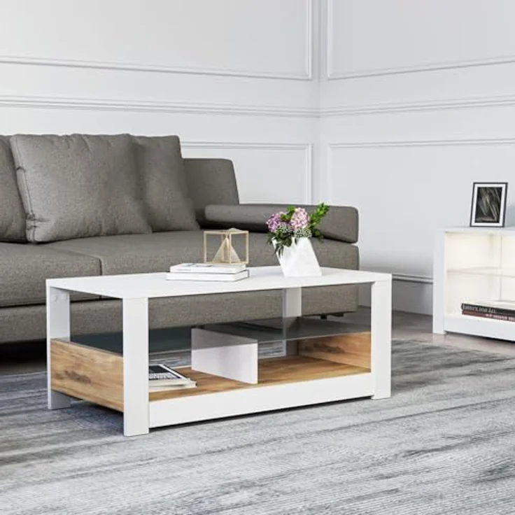 Modern Coffee Table with Glass Shelf, White & Oak, 90 x 37 x 45 cm | 100% Melamine Coated Particle Board, 18 mm Thick | Wall-Mountable, Stylish Design – Bild 5