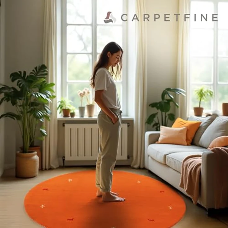 carpetfine 'Gabbeh Uni' Wollteppich, reine Wolle, Orange, ⌀ 150 cm – Bild 8
