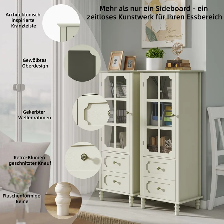Minimalistisches Buffet mit Glastüren und Doppelschublade, modernes Sideboard aus Holz für Wohnzimmer, Esszimmer, Flur oder Eingangsbereich (weiß) – Cremeweiß – 50 x 40 x 130 cm – YOUDENOVA – Bild 6