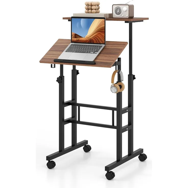 FANTASK Computertisch Höhenverstellbar, mobiler Stehpult mit Rollen, neigbarer Tischplatte & 2 Haken, Home Office Laptopwagen für Zuhause, Büro (Walnuss)