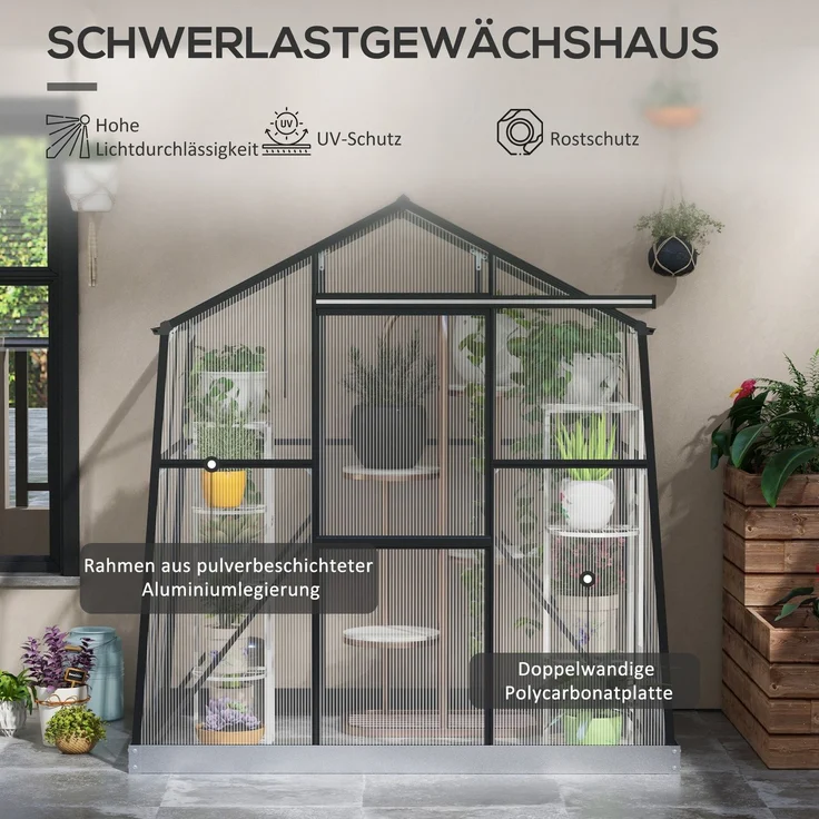 Outsunny Gewächshaus, Aluminiumlegierung, Polycarbonat, Schwarz, 192L x 131B x 203H cm – Bild 4