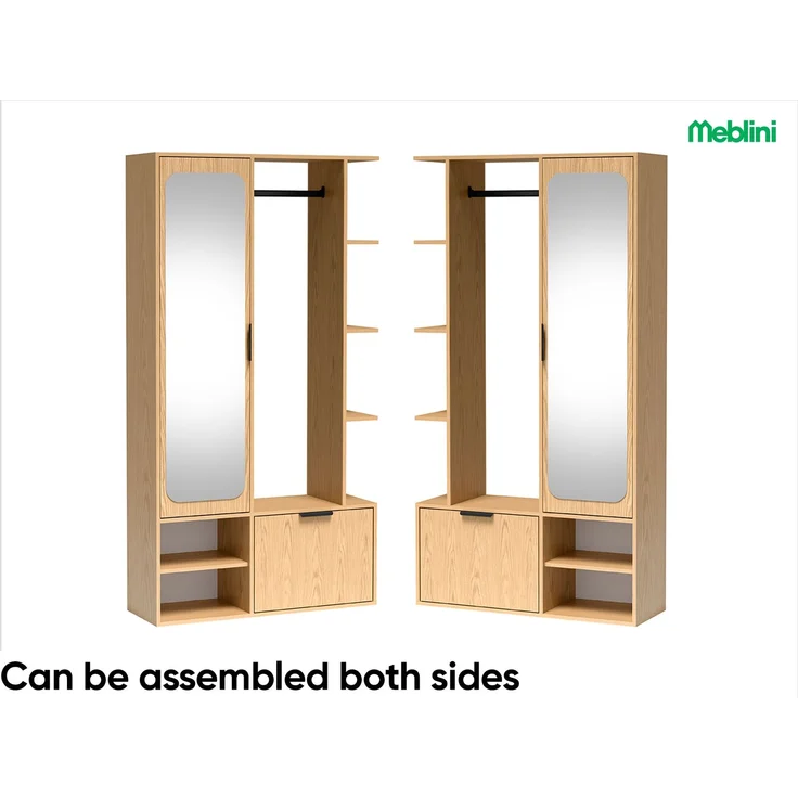 MEBLINI Garderobenschrank NADIA 100cm - Bookmatch Eiche - mit Spiegel - 100x33x190cm R/L - Garderobe Schrank - Flurgarderobe schmal - Garderobe Flur Möbel Set - Flurschrank hoch – Bild 3