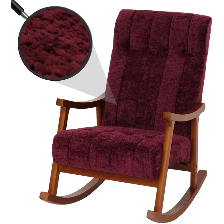 Schaukelstuhl HWC-K10, Relaxsessel, Holz FSC® Stoff/Textil Chenille (465g/m²) ~ bordeaux, Gestell Walnuss-Optik – Bild 1