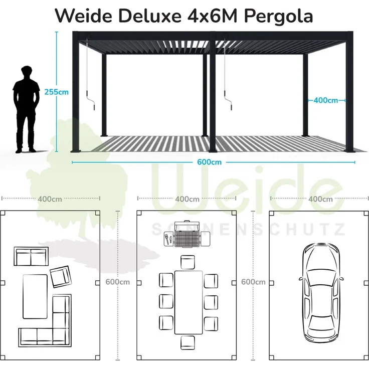 Weide E-Deluxe Plus | elektrische Pergola mit LED | Voll Aluminium | 4 x 6 M | motorisiertes Lamellendach weiß – Bild 4