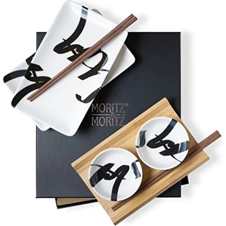 Moritz & Moritz Tafelservice Sushi Set 10tlg Pinselschrift Schwarz (8-tlg), 2 Personen, Porzellan, Geschirrset für 2 Personen