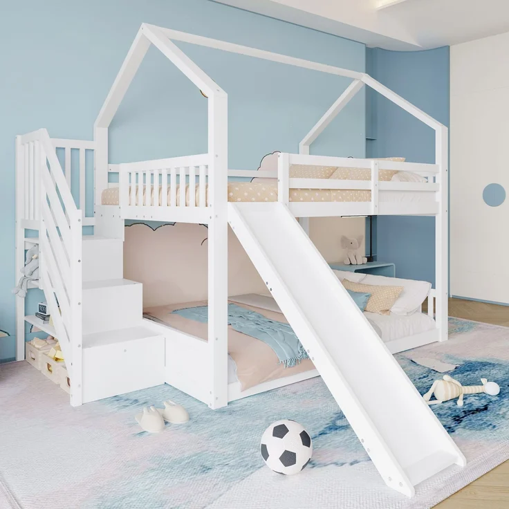 Etagenbett mit Stauraumtreppe und Rutsche, Hausbett(Ohne Matratze), Kinderbett mit Geländer,geeignet für Kinder, Jugendliche, 140x200 cm, Weiß – Bild 1