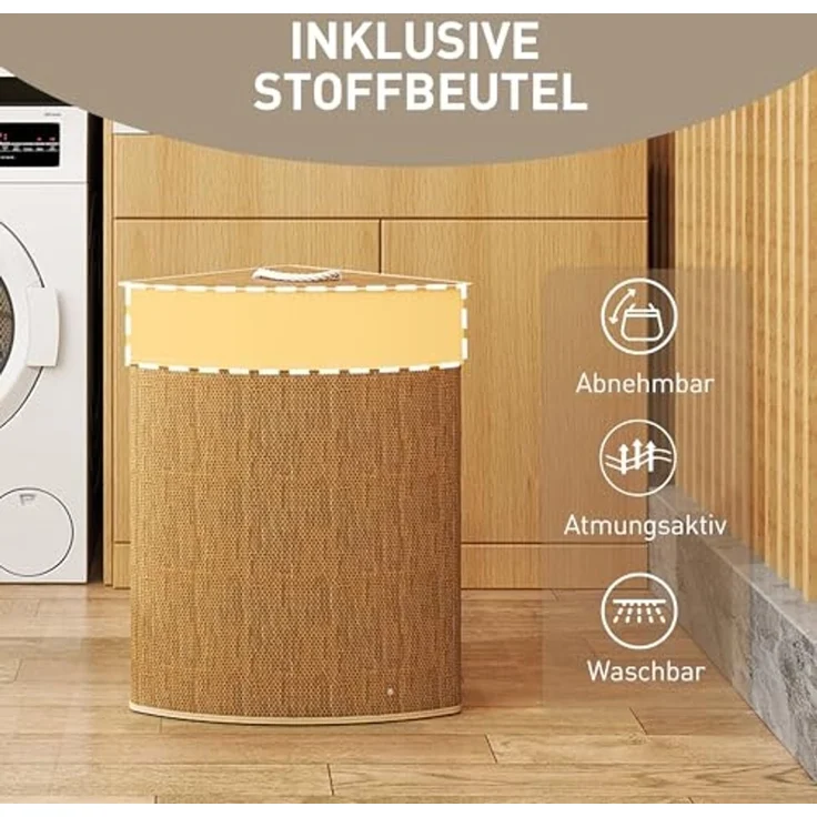HOMCOM Wäschekorb 55 L Eckwäschekorb mit herausnehmbarem, waschbarem Innenbeutel (mit Deckel, 1 St, dreieckiger Wäschesammler aus Bambus), 35 x 35 x 60 cm, Braun – Bild 5