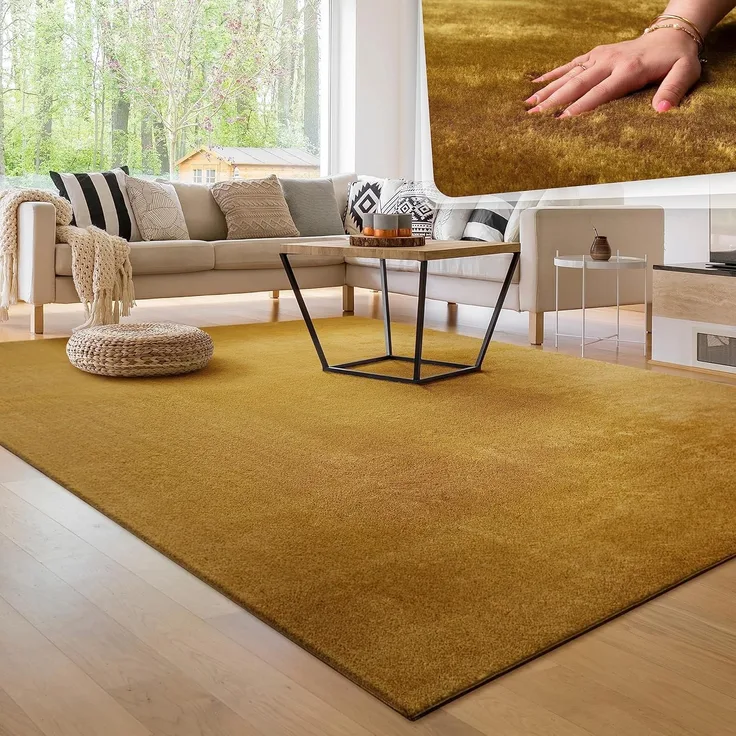 Paco Home Waschbarer Teppich Wohnzimmer Schlafzimmer Kurzflor rutschfest Flauschig Weich Moderne Einfarbige Muster, Grösse:200 cm Quadrat, Farbe:Gelb