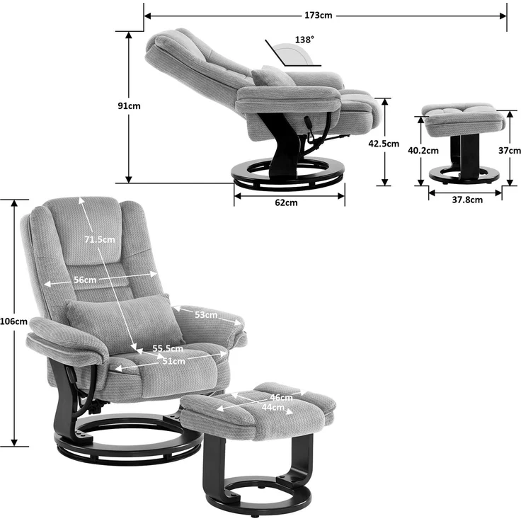 M MComboRelaxsessel mit Liegefunktion, 360°Drehbarer Fernsehsessel mit Hocker, bis 120 Kg Belastbarer TV-Sessel für Wohnzimmer, mit Kissen & Seitentasche, Lesesessel Bequem, 9099 (Hellgrau-Stoff) – Bild 3