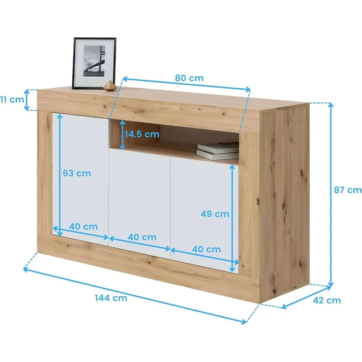 Habitdesign Anrichte mit 3 Türen, Buffet für Wohnzimmer, Beistellschrank, Modell Baltik, Weiß Artik und Nodi-Eiche, Maße: 144 cm (B) x 87 cm (H) x 42 cm (T) – Bild 3
