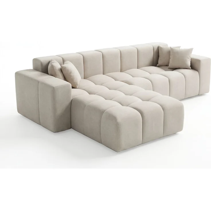 GRAINGOLD Ecksofa Loopo, Couch L-Form mit Wellenfeder, Velour-Stoff, Beige, Links – Bild 5