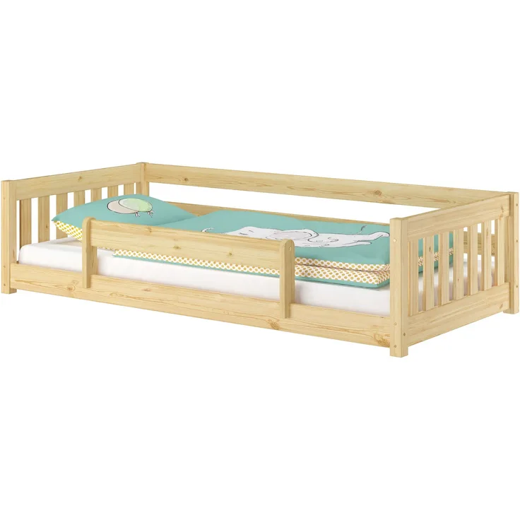 Niedriges Kinderbett Bodenbett 90x200 Kiefer massiv Zubehör wählbar V-60.28-09mit Kindersicherung und Rollrost inkl.