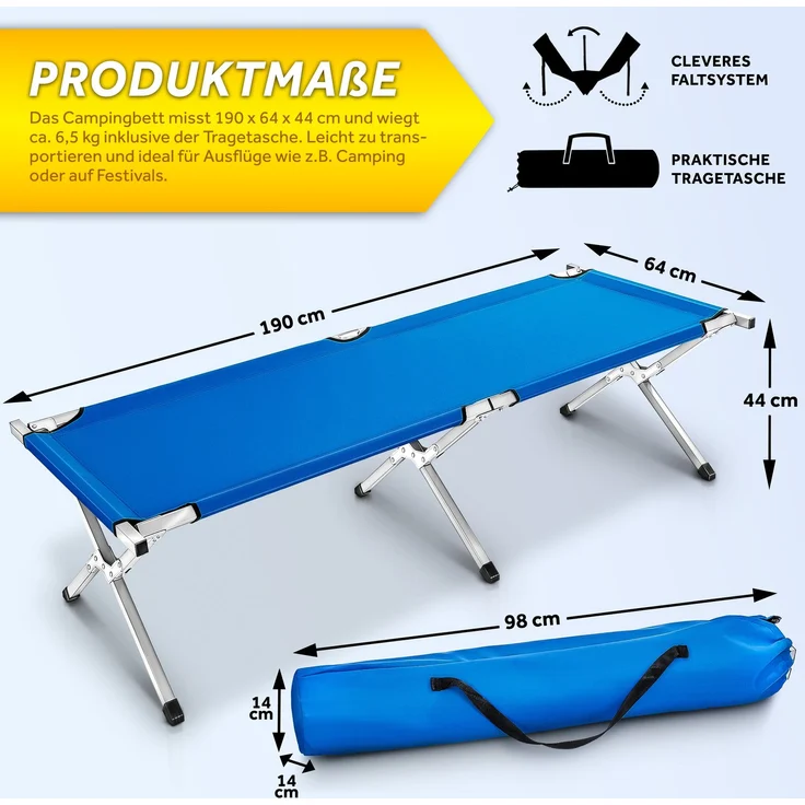 TRESKO XXL Campingbett Feldbett 190 x 64 x 44 cm Metallrohr - Belastbarkeit bis 150kg Blau – Bild 5