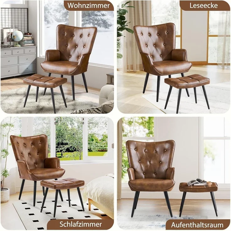 Sessel Ohrensessel Hocker PU Kunstleder Fußstütze mit Hocker Braun – Bild 4