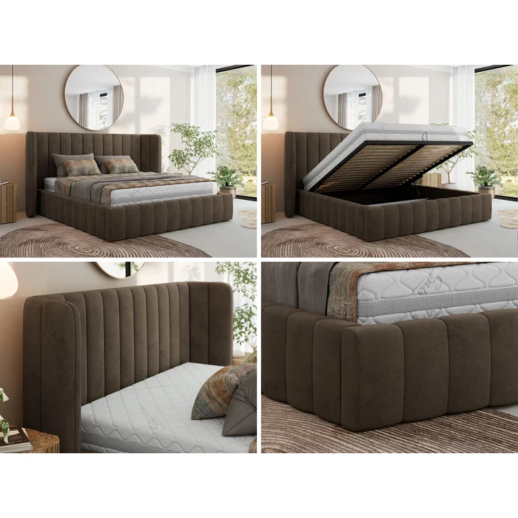 Polsterbett GOLETTA CLASSIC 160 x 200 cm mit gepolstertem Kopfteil, stabilem Bettrahmen, Lattenrost und Bettkasten mit Gasdruckfedern, Doppelbett, zeitloses Design Pocket Matratze - Braun Velvet - VIRE LUX – Bild 2