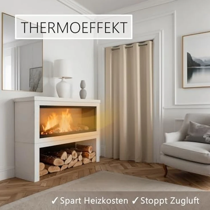 tinycurtains Türvorhang mit Stange silber 70-120 cm Thermo Vorhang ohne Bohren, blickdicht, Ösen, abdunkelnd, Polyester, beige Driftwood, Türgardine mit Klemmstange Raumteiler verdunkelnd – Bild 4