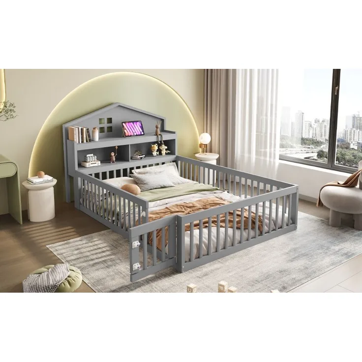 Hausbett Grau Mit Kreidetafel 140x200 Massivholz Kiefer Bodenbett Mit Tür Regalen Stauraum 150kg Tragkraft Kinderzimmer Montessori Spielbett