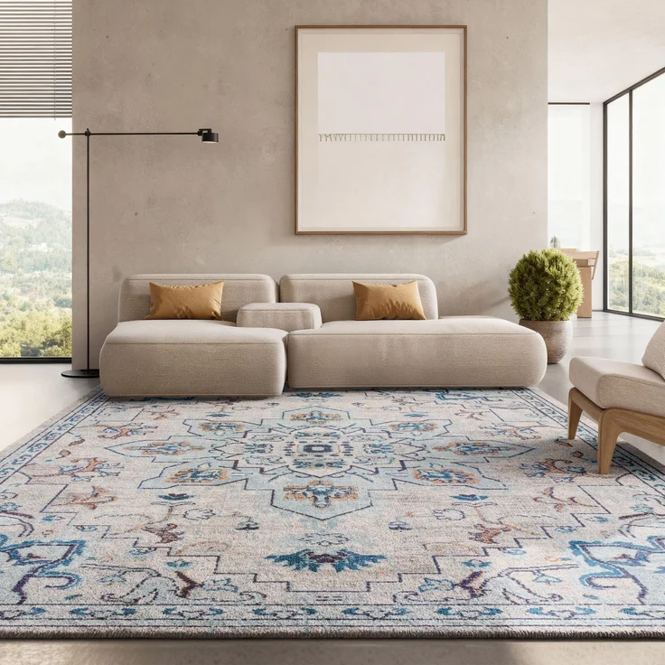 SAFAVIEH Boho Teppich für Wohnzimmer, Esszimmer, Schlafzimmer - Madison Collection, Kurzer Flor, Elfenbein und Hellblau, 180 X 300 cm