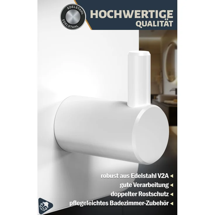 Lindenstein Handtuchhaken 8er-Set Weiß – Edelstahl V2A, selbstklebend mit 3M-Pads – Bild 5