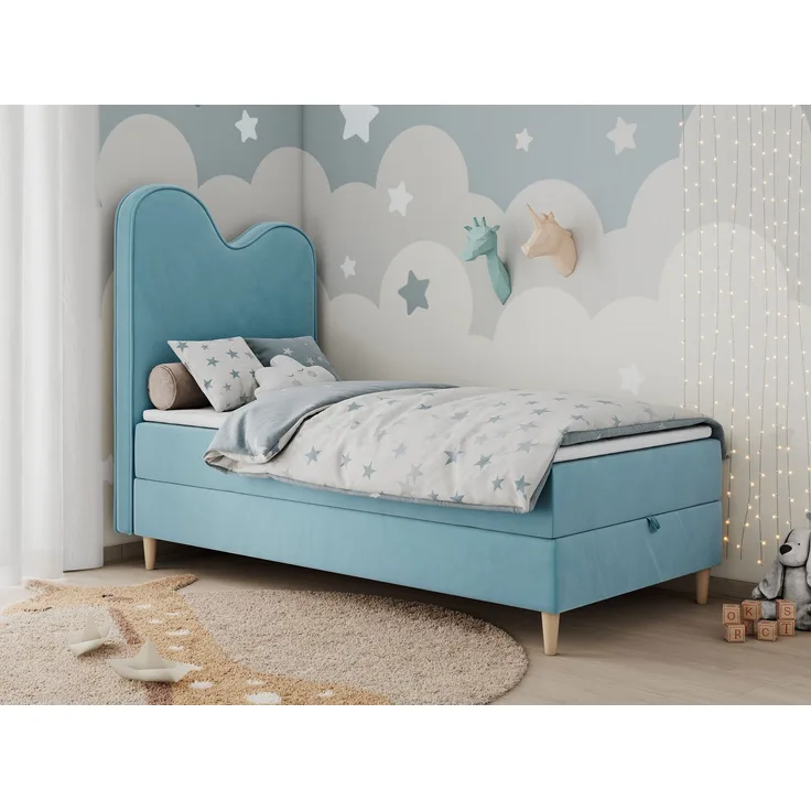 Kinderbett FLOW, Boxspringbett für Kinder, mit hohem Kopfteil, Einzelbett mit Matratze - 90x180 - Blau Velours - Topper Visco