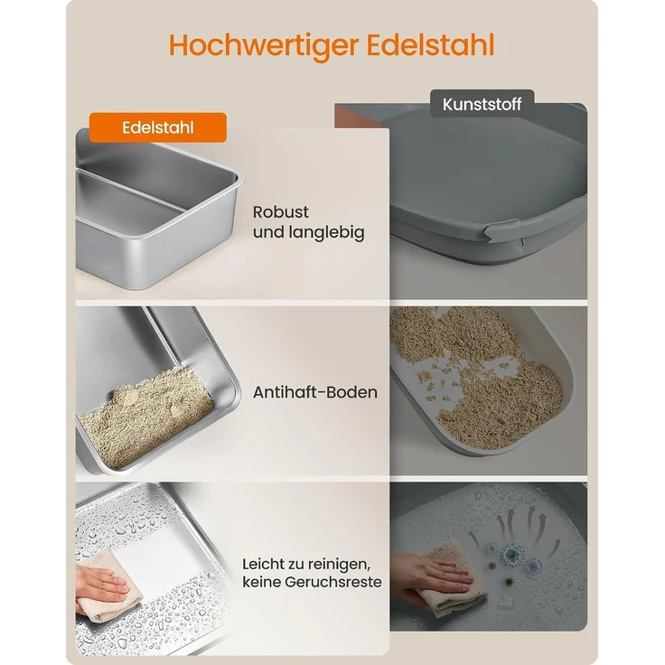 FEANDREA Katzenklo aus Edelstahl, geschlossene Katzentoilette mit Deckel und 2 Eingängen, mit Schaufel und Bürste, dunkelgrau – Bild 3