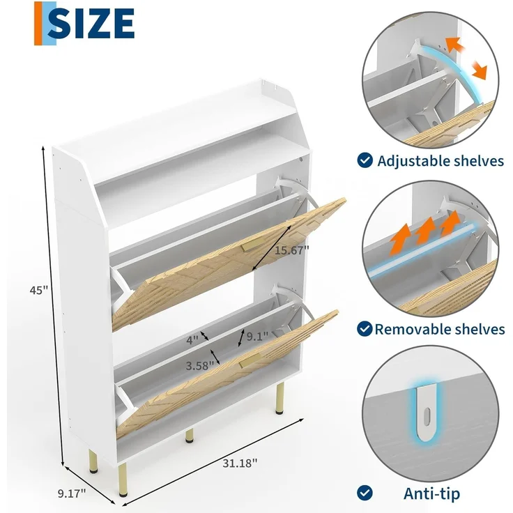 GarveeHome Schmaler Schuhschrank Mit 2 Klappen, Schlanker Freistehender Schuhschrank Für Den Eingangsbereich,Mit Kippschutz-Set, Verdecktes Schuhfach Mit Einlegeboden – Bild 2