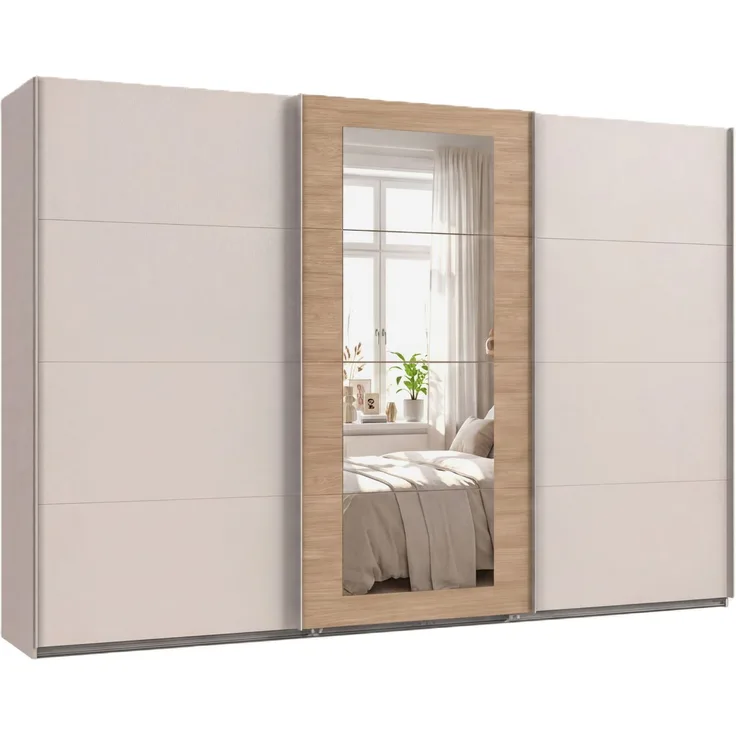 Schwebetürenschrank 3-trg. Kleiderschrank 313 cm Beige Grau, Eiche Natur Spiegel