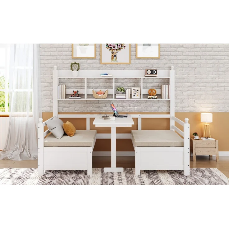 Merax Daybett Multifunktionales Massivholz Schlafsofa 200x90 cm, 2-in-1 Bett und Schreibtisch, Frei Umbaubar, Mit Bücherregal Zur Aufbewahrung, Mit Bequemen Kissen, Gästebett Einzelholzbett, Weiß – Bild 6