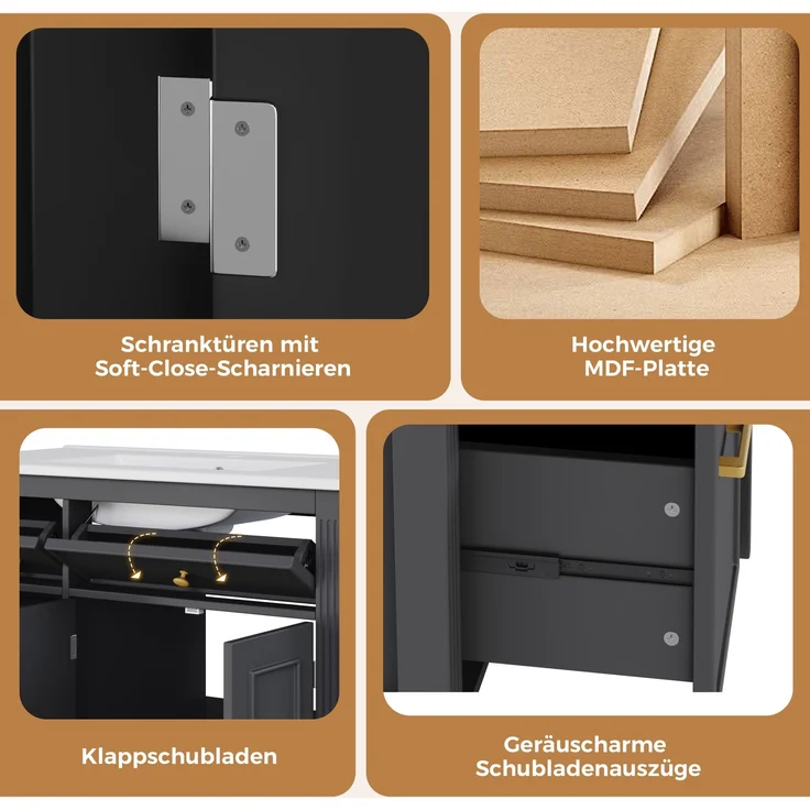 91*46,5*87 cm, freistehender Waschtisch, lackierte Oberfläche, integriertes Keramikbecken, Soft-Close-Scharniere, geräuschlose Auszüge, 3D-Rahmendesign, Klappschublade, schwarz. – Bild 9