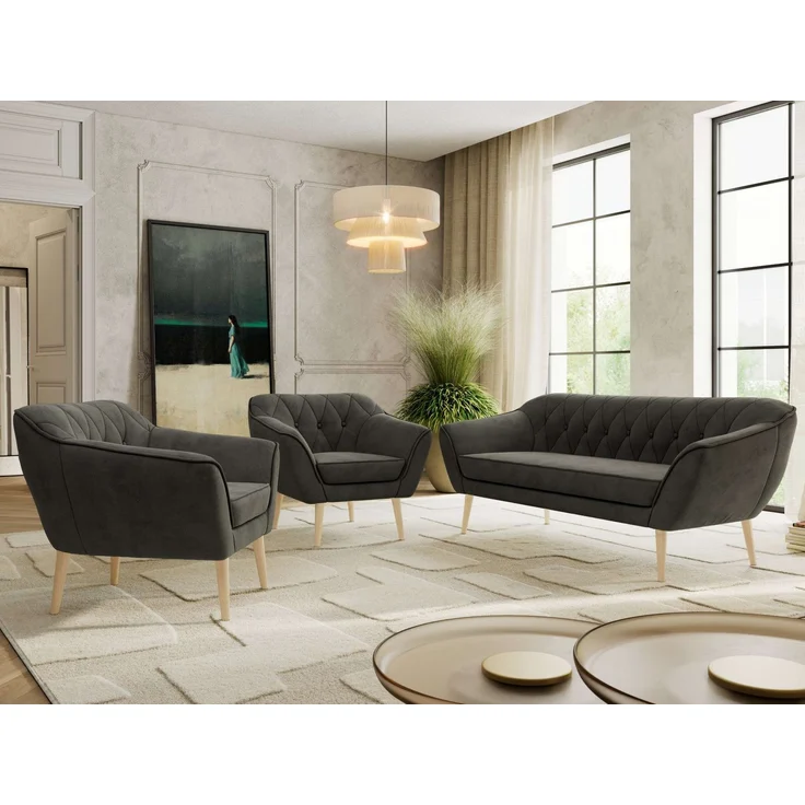 Wohnzimmerset PIRS 1-1-3, Skandinavisches 3-Sitzer Sofa mit Sesseln, Sofa mit Wellenfederung, Buche Füße, Skandinavisches Möbelset - Dunkelgrau Velvet – Bild 4
