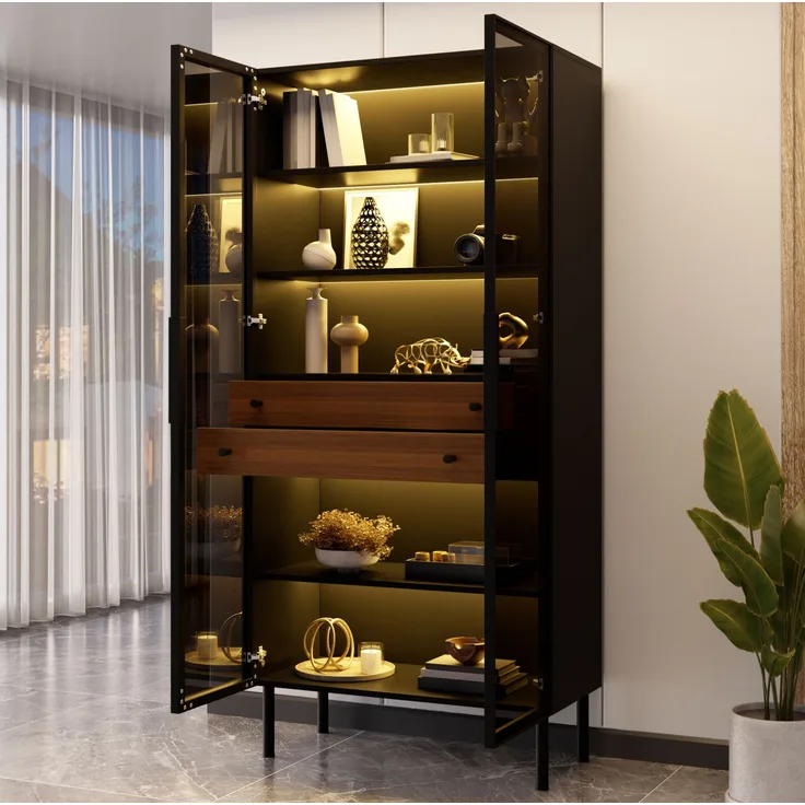DESVIAE Regal Vitrine Schwarz aus MDF/Spanplatte – 70x170x36 cm – 2 Schubladen, LED-Beleuchtung
