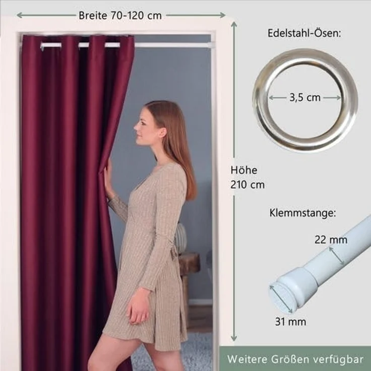 tinycurtains Türvorhang mit Stange weiß 70-120 cm Thermo Vorhang ohne Bohren, blickdicht, Ösen, verdunkelnd, Polyester, bordeaux rot Berry, Türgardine mit Klemmstange Raumtrenner Vorhang Tür – Bild 8