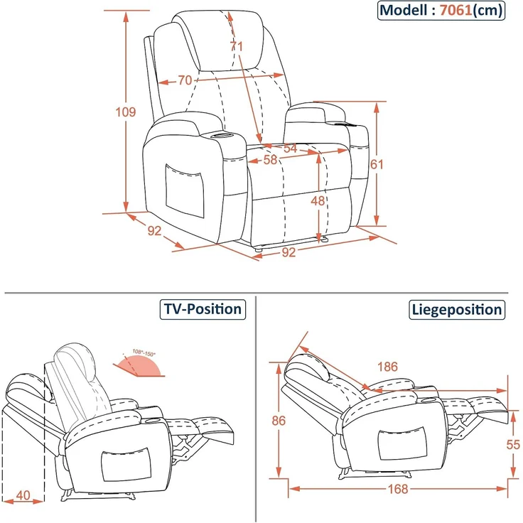 M MCombo Elektrisch Relaxsessel Massagesessel Fernsehsessel Liegefunktion Vibration Heizung 7061 neues Modell (Grau-Chenille) – Bild 2