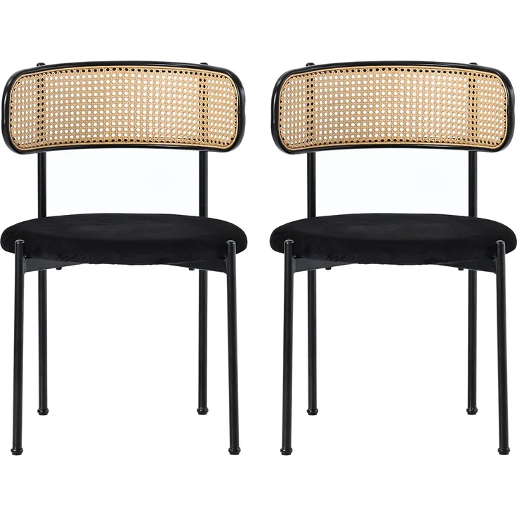 Merax Samt-Esszimmerstuhl (2 St), 2er Set Rattanstuhl Polsterstuhl Rattan-Freizeitstuhl, Wohnzimmerstuhl Samt mit Rückenlehne, Schwarz