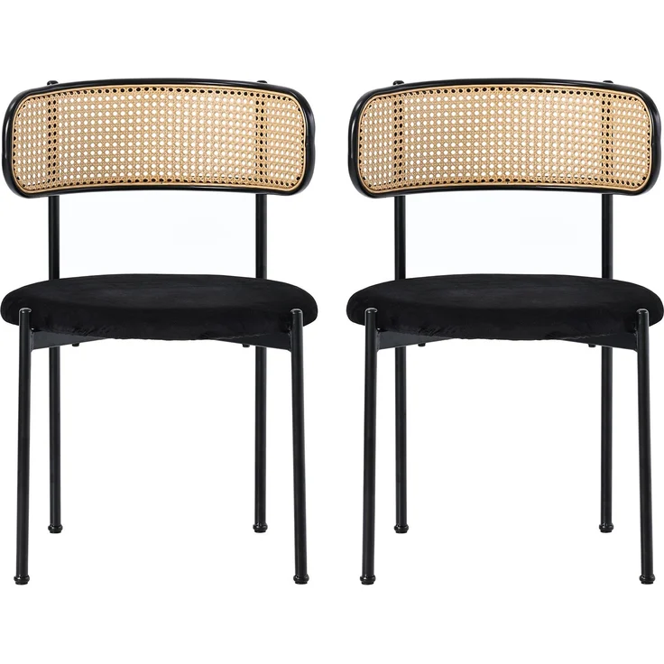 Merax Samt-Esszimmerstuhl (2 St), 2er Set Rattanstuhl Polsterstuhl Rattan-Freizeitstuhl, Wohnzimmerstuhl Samt mit Rückenlehne, Schwarz – Bild 1